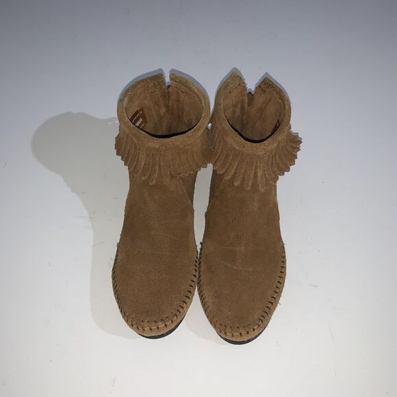 Minnetonka Boots Womens Size 6.5 Brown Suede Fringe Moccasin Ankle Back Zip - Picture 4 of 10